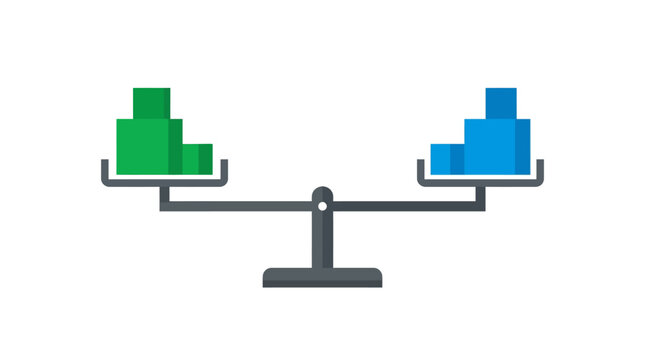 Balanced Comparison Scale with green and blue geometric blocks on a grey scale, ideal for business comparison presentations and perfect for financial stability concepts.