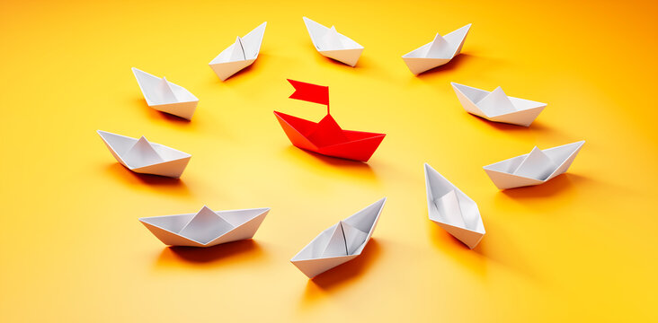 Group of  white paper boats with red leader in the middle on yellow background - 3D illustration