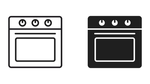 Kitchen oven appliance icons in outline and solid black styles for culinary and appliance branding