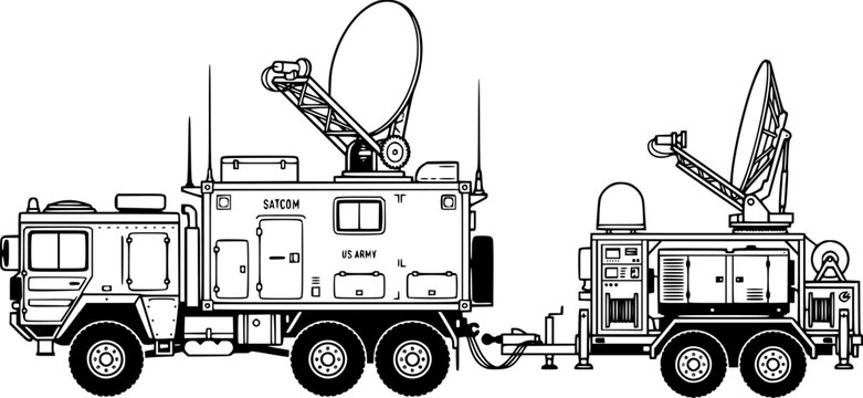 Flat vector military satellite communication truck with large radar dish and equipment on trailer isolated on white background
