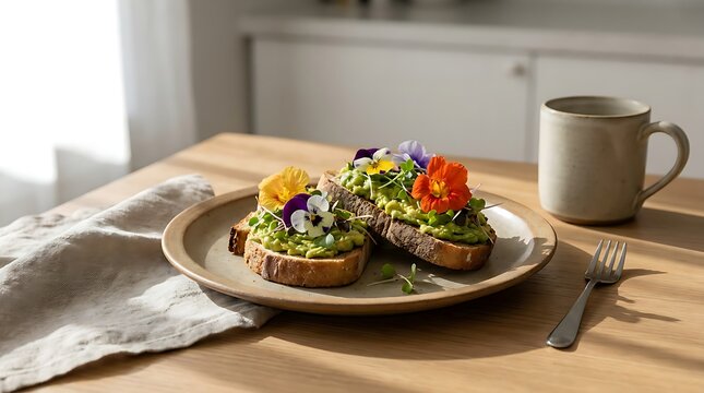 Gourmet Avocado Toast with Edible Flowers and Microgreens, Served for a Healthy Breakfast or Brunch on a Rustic Wooden Table