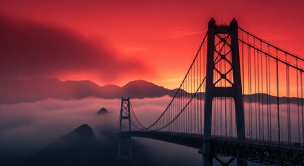 Obraz premium Majestic Suspension Bridge Rising Above a Sea of Clouds During a Vibrant Red Sunset