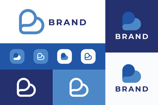 modern letter b monogram logo design template with minimalist lineart and blue shape overlay for tech startup mobile app brand