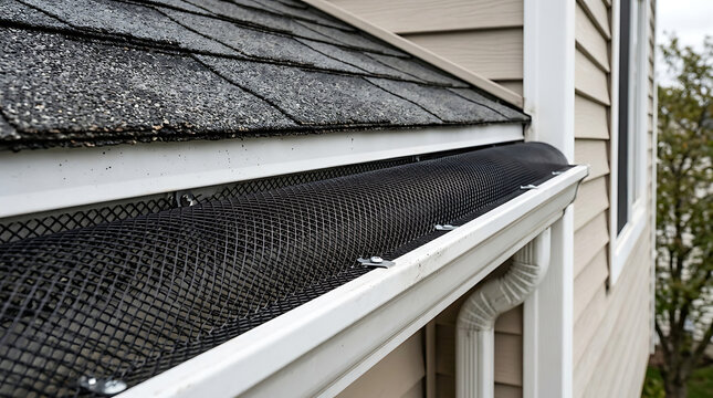 Black mesh gutter guard installed on a residential home's rain gutter system