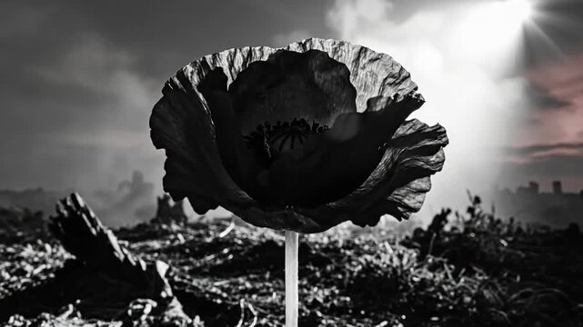 Black and white poppy flower in a desolate war landscape under a bright sky with sun rays symbolizing remembrance and loss