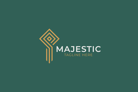 luxury majestic key logo design template with minimalist lineart geometric diamond shape for real estate security brand