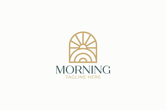 modern morning sunrise farm logo design template with minimalist lineart arched window sun and field for organic agribusiness