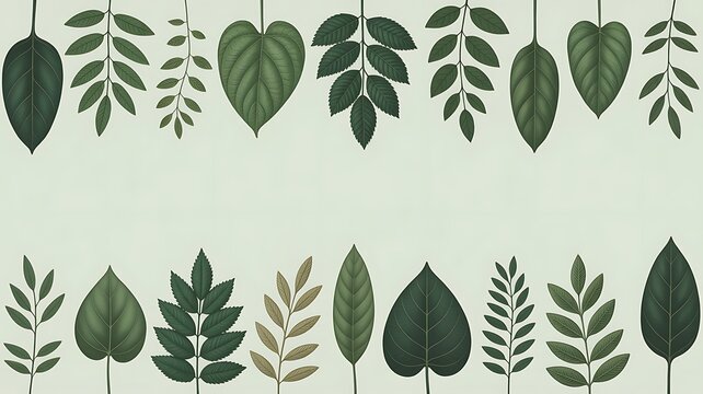 Assorted green leaves and heart shapes on a white background with heart shaped