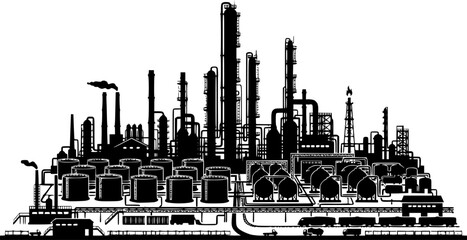 Obraz premium Black silhouette of industrial oil refinery complex with tall distillation towers and storage tanks flat vector design isolated on white background 
