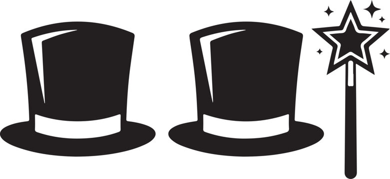 Magician hat vector icon set. Magic wand with star silhouette. Top hat icons for circus and performance. Illusionist equipment. Professional show props. Black and white minimalist graphic design 