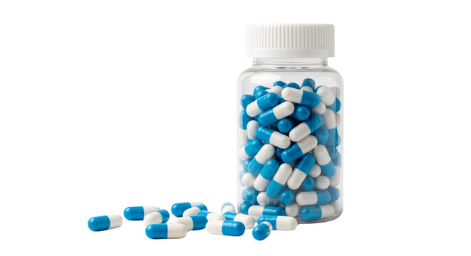 Clear Plastic Bottle Filled With Generic Blue And White Capsules On White Background