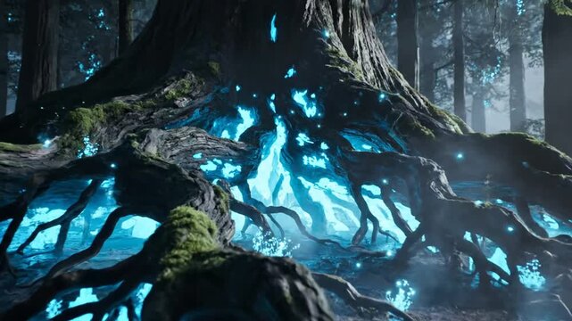 Mystical forest with glowing blue light and ancient tree roots