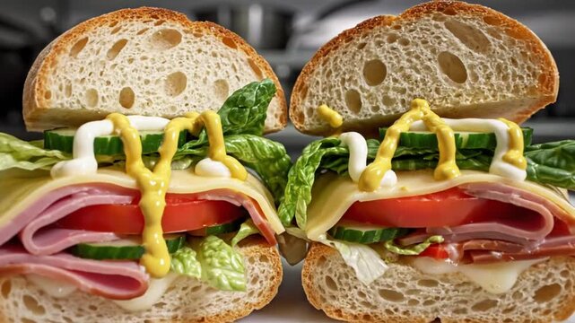 Delicious ham and cheese sandwich halves with mustard, tomato, and lettuce, close up shot