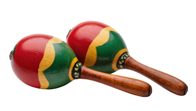 Colorful wooden maracas with red green, and yellow patterns