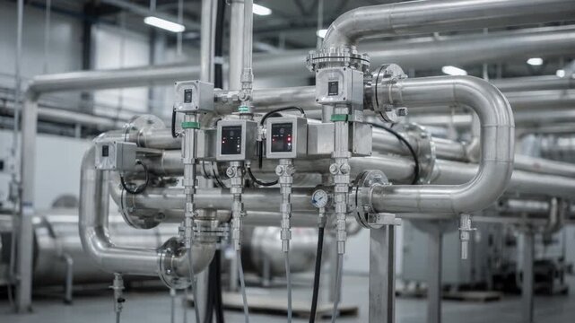 Medium shot of an industrial piping loop with inline sensors capturing realtime corrosion data showcasing the integration of advanced monitoring technology