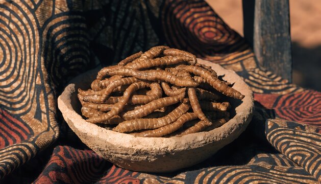 Crispy dried mopane worm snack in a clay bowl African tribal fabric background
