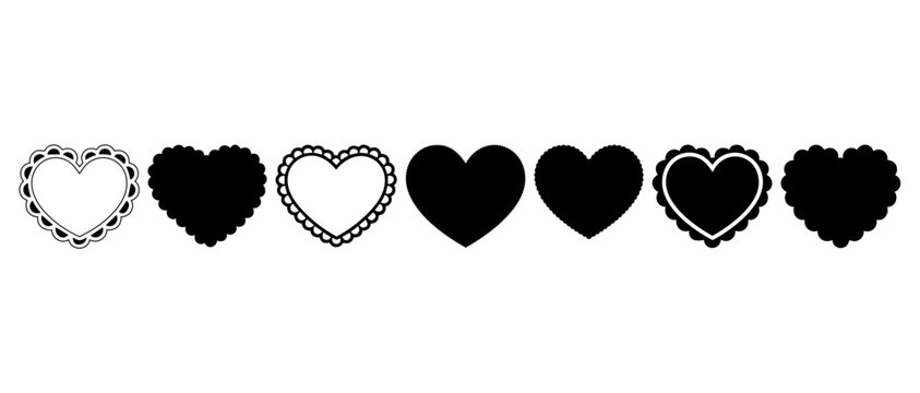 Scalloped Edge Heart Shapes Set with Cute Vintage Frill Ornaments, Fabric Lace Silhouette Frames, and Texture Ribbon Vectors Isolated on White Background