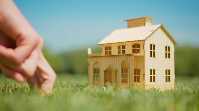 New home settlement concept with fingers walking toward wooden house. Future homeowners approaching miniature property model and starting residential relocation process. Mortgage purchase and moving