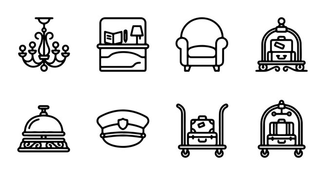 Hotel Icons Set: Reception, Luggage Carts, Armchair, Chandelier, Bellhop Cap