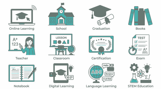 Comprehensive collection of modern education and learning icons, encompassing digital pedagogy, academic institutions, graduation milestones, and diverse study methods for knowledge acquisition