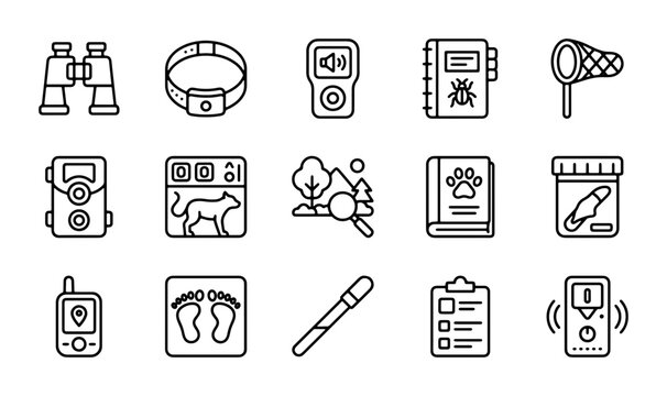 Wildlife Observation Icons, Nature Research Tools, Animal Tracking Equipment, Scientific Study Set