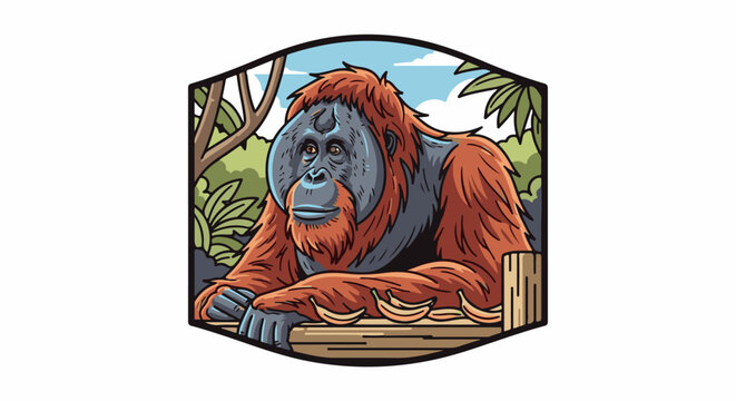 An orangutan rests in a jungle setting with bananas