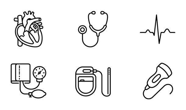 Medical Icons Set: Heart, Stethoscope, ECG, Blood Pressure, Pacemaker, Ultrasound Vector Graphics