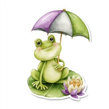 Cute Watercolor Frog Under Umbrella with Basket of Flowers