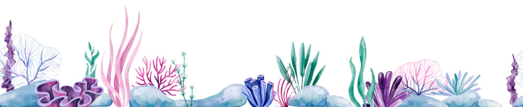 Watercolor Underwater Border Scene with Coral, Seaweed, Rocks, and Marine Plants in Soft Pastel Tones