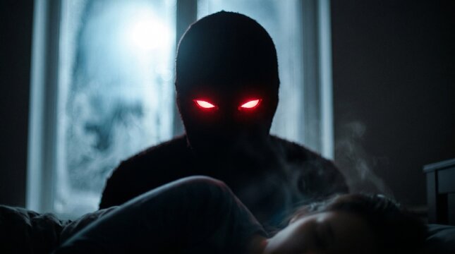 Paranormal sleep paralysis demon with red eyes in a dark bedroom