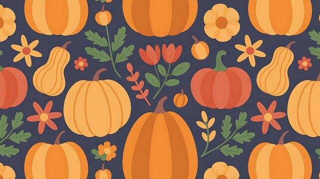 Autumn harvest pattern with pumpkins and gourds on dark background, pumpkins