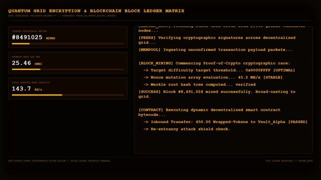 Futuristic Quantum Grid Encryption Blockchain Block Ledger Matrix Orange UI Dashboard Terminal Screen Display.