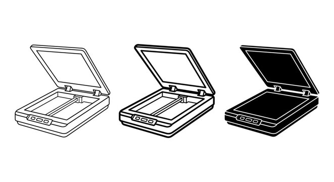 Flatbed Scanner Icons, Digital Document Imaging Devices, Office Technology and Data Capture Equipment, Vector Graphics Set