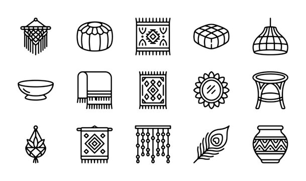 Boho Home Decor Icons, Macrame Wall Hanging, Pouf, Rugs, Mirror, Vase, Feather