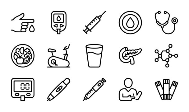 Diabetes Care Icons: Blood Glucose Meter, Insulin Syringe, Pancreas, Healthy Food, Exercise Bike, Stethoscope