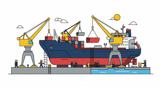 Cargo ship being loaded and unloaded by cranes and workers at a port