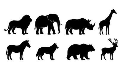 Wild Animal Silhouette Collection with Lion Elephant Rhino Giraffe Zebra Wolf Bear and Deer Profiles © Md Humaun