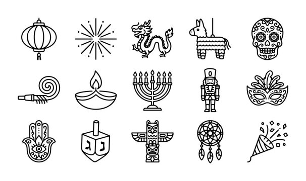 Cultural Celebration Icons: Lantern, Dragon, Pinata, Skull, Menorah, Nutcracker, Mask, Hamsa, Dreidel, Totem, Dreamcatcher, Confetti