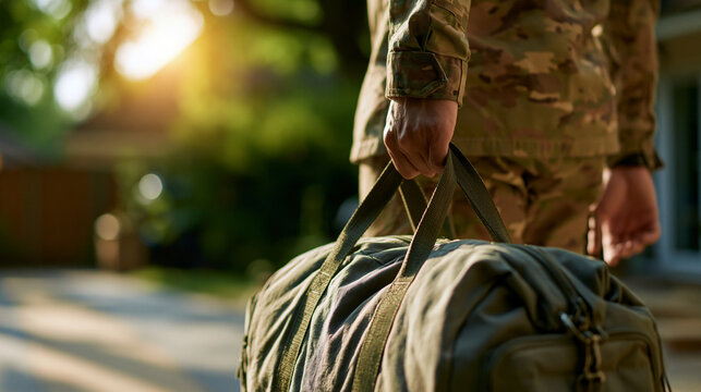 Faceless front view of soldier in camouflage uniform carrying kit bag walking home to see family on leave, forward-facing arrival, luggage carrying, slow motion shot, with copy