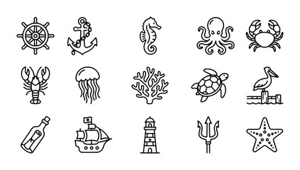 Nautical Icons Set: Marine Life, Ships, and Maritime Symbols Vector Collection © Atik