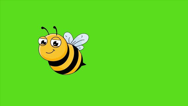Cute Cartoon Bee Flying Across Green Screen &ndash; 2D Animated Honeybee Character with Chroma Key Background