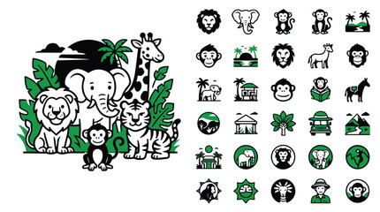 Safari animal icons and jungle wildlife illustration set, cute cartoon zoo animal characters, green and black vector graphics for kids © image stock