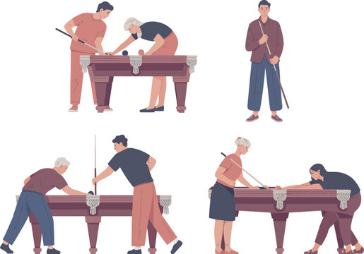 Billiards competition flat vector illustration, pool players aiming cue sticks at billiard balls in game room, hobby entertainment theme for sports, recreation, leisure, and social activities.