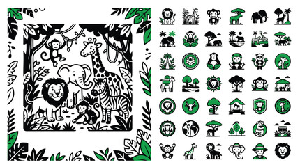 Safari animal icons and jungle illustration set, 42 wild wildlife vector elements, cute cartoon zoo characters for kids education and branding © image stock