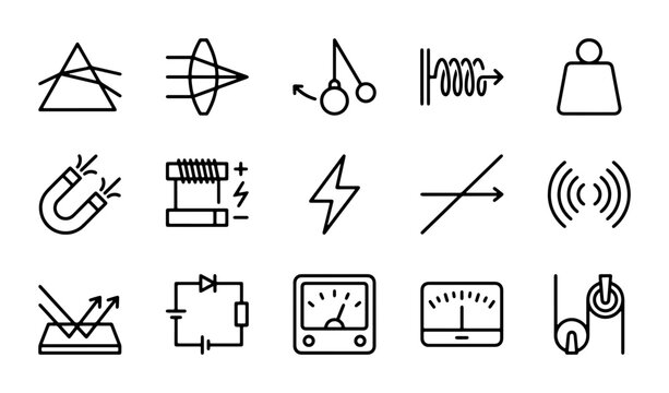 Physics Science Icons Set, Vector Symbols for Education, Technology, and Research Concepts