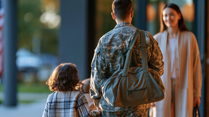 Obraz premium Faceless American soldier in uniform with kitbag returning home on leave to family greeted by two children, luggage arrival, family welcome, homecoming greeting, with copy space