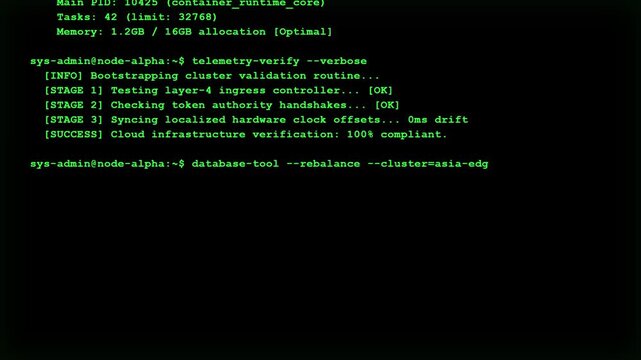 Futuristic Sys Admin Node Alpha Telemetry Push Coding Green Command Line Terminal Screen Display.
