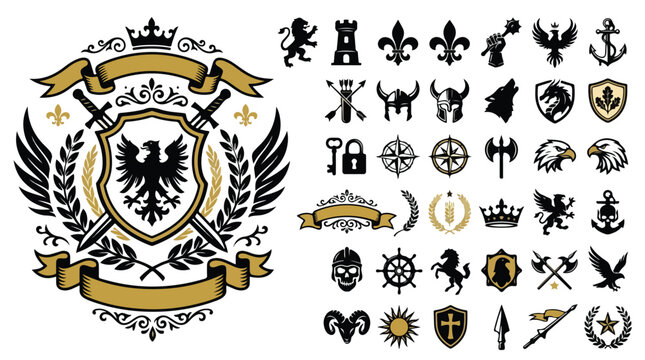 Vintage heraldic crest collection, medieval coat of arms set with eagle shield and swords, royal gold and black emblem vector icons
