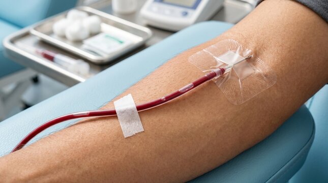 A medical professional prepares a patient's arm for blood donation in a clinic.