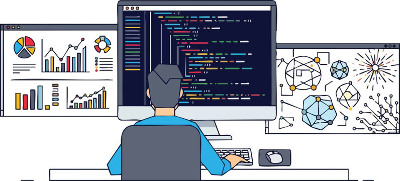 Software Engineer Working at Modern Desk With Multiple Screens Displaying Complex Programming Code and Data Analysis Dashboards